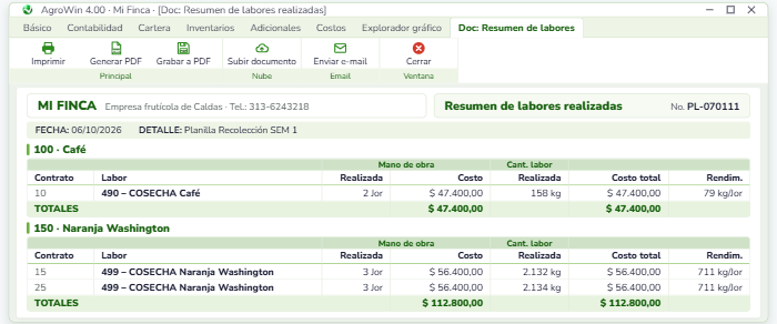 Dimensión de costos en AgroWin