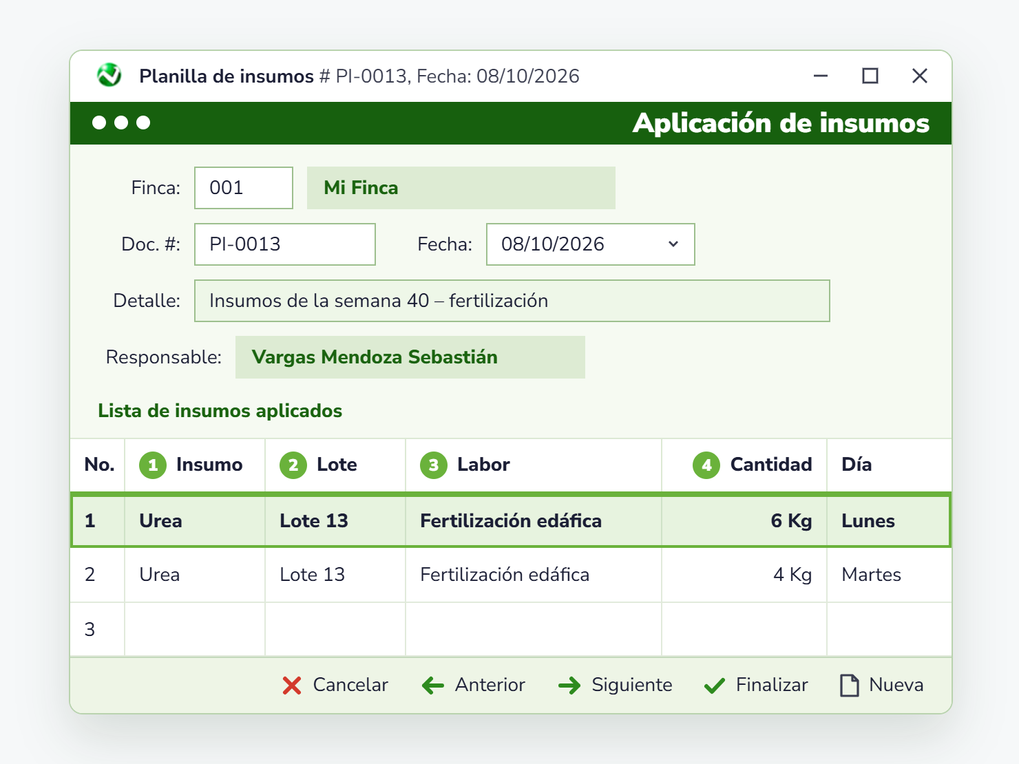 Planilla de insumos en AgroWin: insumo, lote, labor y cantidad aplicada por día