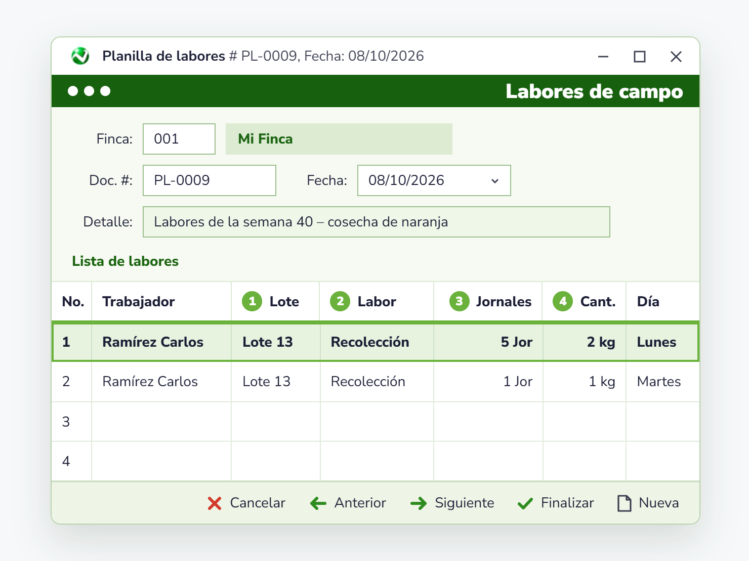 Planilla de labores en AgroWin: trabajador, lote, labor, jornales y cantidad por día