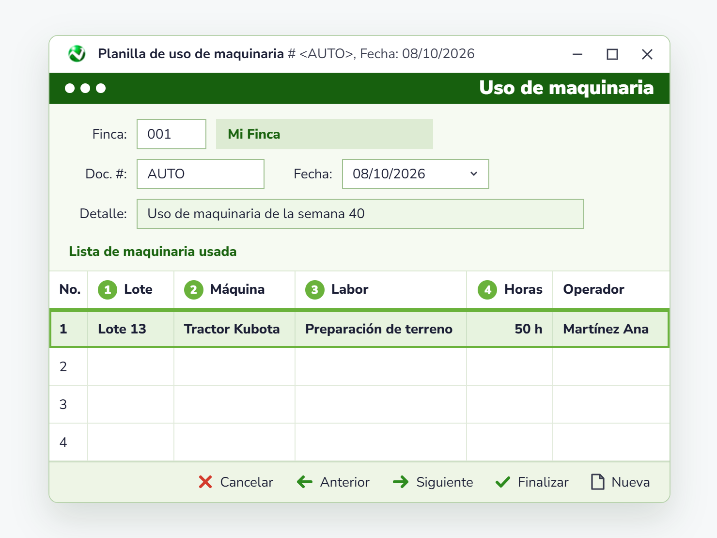 Planilla de uso de maquinaria en AgroWin: lote, máquina, labor, horas y operador
